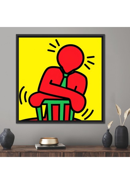 1 Parça Siyah Çerçeveli Kanvas Tablo, Keith Haring, Red Man Baskılı, Adam Duvar Süsü,