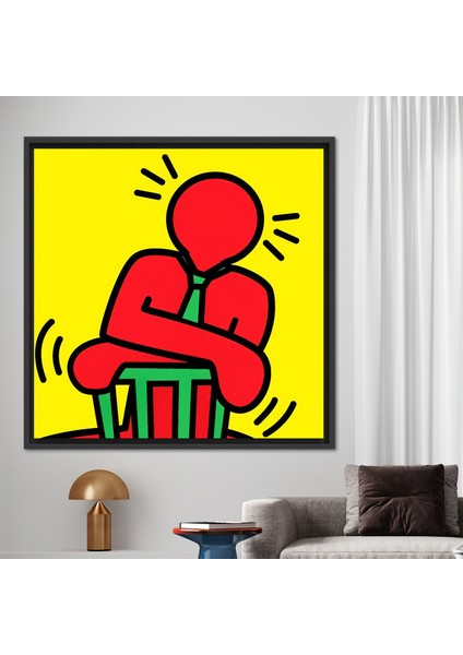 1 Parça Siyah Çerçeveli Kanvas Tablo, Keith Haring, Red Man Baskılı, Adam Duvar Süsü,