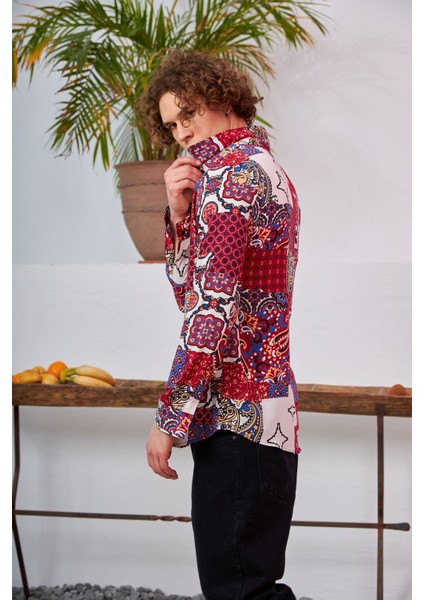 R-3678 Renkli Kilim Desen Gizli Pat Uzun Kolu Gömlek modelleri