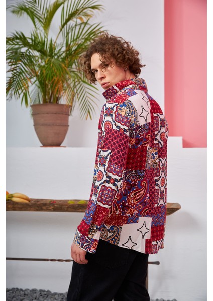 R-3678 Renkli Kilim Desen Gizli Pat Uzun Kolu Gömlek fırsatları