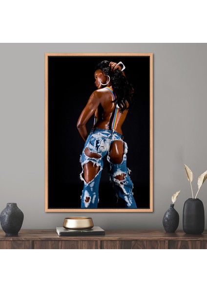 1 Parça Naturel Çerçeveli Kanvas Tablo, Afrikalı Kadın, Kadın Sanat Eseri,