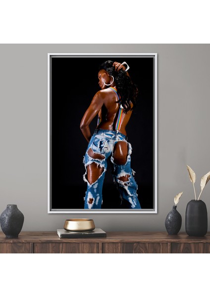 1 Parça Beyaz Çerçeveli Kanvas Tablo, Seksi Afrikalı Kadın, Seksi Siyah Kadın Duvar Dekoru,