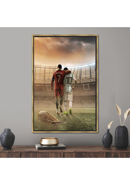 1 Parça Gold Çerçeveli Kanvas Tablo, Lionel Messi Cristiano Ronaldo, Spor Salonu Sanat,