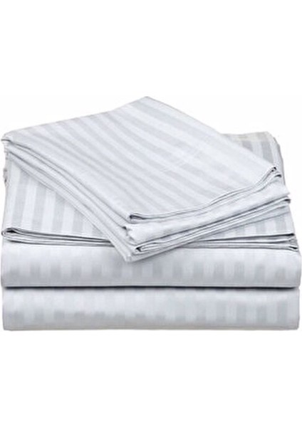 Çift Kişilik Pamuk Saten 160x200 Beyaz Çizgili Lastikli Çarşaf Seti