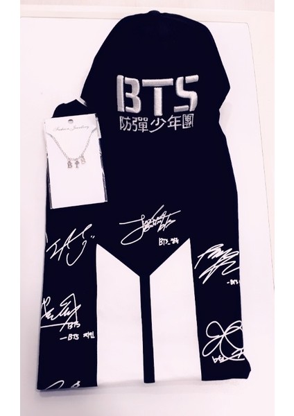 Unisex Siyah Bts Imza T- Shirt Bts Kolye Bts Şapka 3'lü Kombin