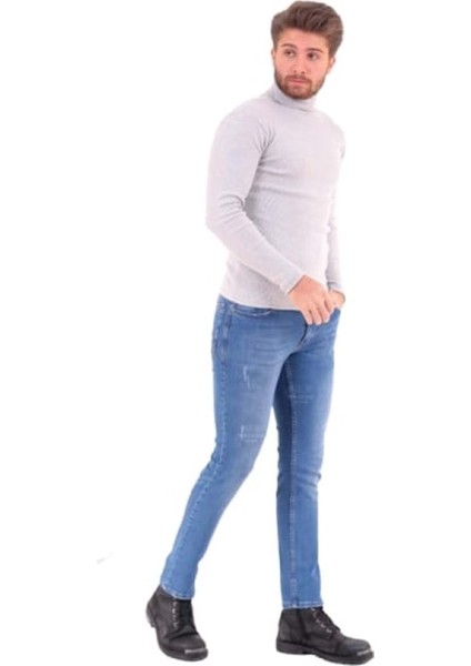 Erkek Denim Slim Likralı Lazer Tırnaklı Kot Pantolon Tom S 473-904 - Açık Mavi - 38