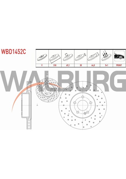 Mercedes C Fren Diski Ön Havalı Kaplamalı Performans Delikli 5 Bjn 318X30X69,1X64,5 0004212112 modelleri