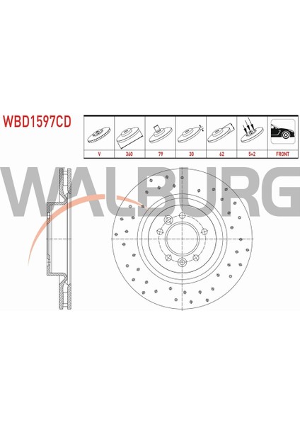 Land Rover Fren Diski Ön Havalı Kaplamalı Performans Delikli 5 Bjn 360X30X79X62 SDB000621