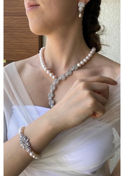 BIRINCI1926 925 Ayar Gümüş Kadın Yaprak Taşlı Kolye Bileklik Küpe Inci Set
