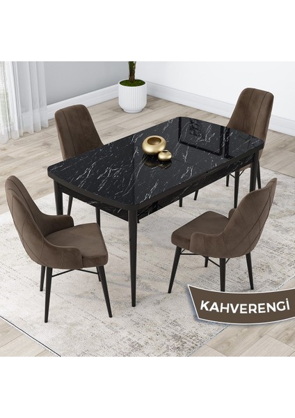 Concept Kar Serisi 80 x 132 cm Açılabilir Mdf Mutfak Masa Takımı Siyah Mermer Desen Masa 4 Sandalye