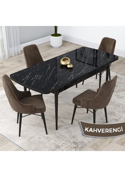 Concept Kar Serisi 80 x 132 cm Açılabilir Mdf Mutfak Masa Takımı Siyah Mermer Desen Masa 4 Sandalye