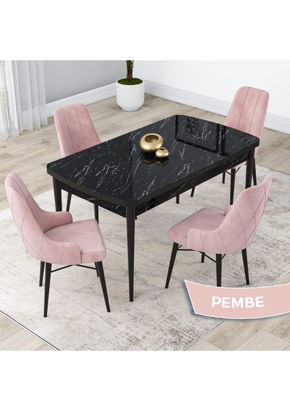 Concept Kar Serisi 80 x 132 cm Açılabilir Mdf Mutfak Masa Takımı Siyah Mermer Desen Masa 4 Sandalye