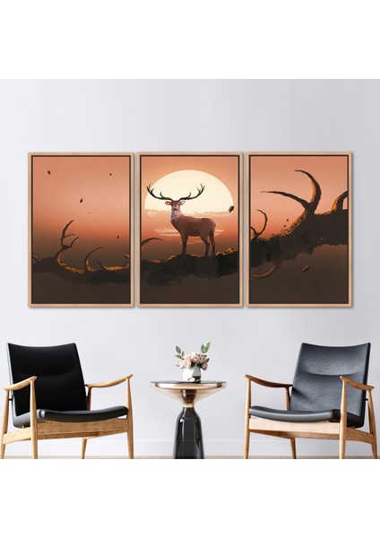 3 Parçalı Naturel Çerçeveli Kanvas Tablo, Hayvan Kanvas, Modern Hediye Kanvas,