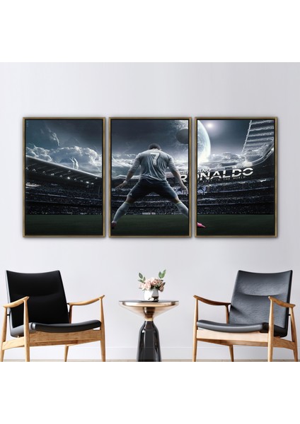 3 Parçalı Gold Çerçeveli Kanvas Tablo, Cristiano Ronaldo, Ronaldo Kanvas, Motivasyon Kanvas,