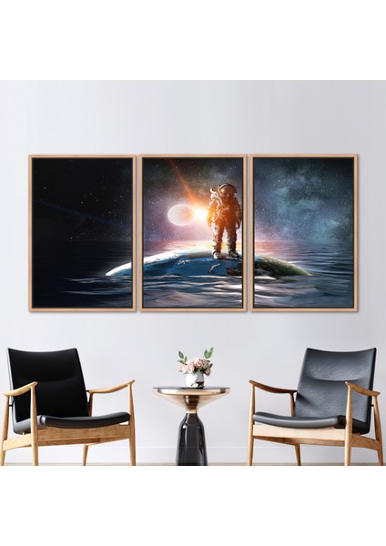 3 Parçalı Naturel Çerçeveli Kanvas Tablo, Denizde Uzaycı, Yıldızlı Gökyüzü Kanvas Poster,