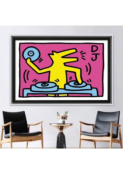 1 Parça Beyaz Çerçeveli Kanvas Tablo, Keith Haring Dj, Modaya Uygun Duvar Dekoru,