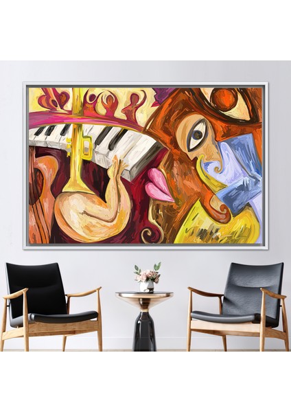 1 Parça Beyaz Çerçeveli Kanvas Tablo, Soyut Caz Müzik Resmi, Soyut Sanat Eseri, Piyano Kanvas Dekor,