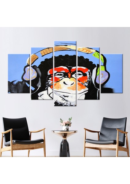 5 Parçalı Mix Kanvas Tablo, Maymun Resim Düşünmek, Müzik Lover Maymun Kanvas Baskı,
