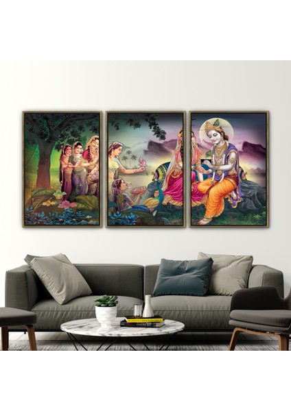 3 Parçalı Gold Çerçeveli Kanvas Tablo, Radha Krishna Resim, Lord Krishna ve Radha Kanvas Sanatı, fiyatları