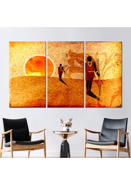 3 Parçalı Kanvas Tablo, Çölde Iki Afrikalı, Gün Batımı Posteri, Afrika Kanvas Poster,