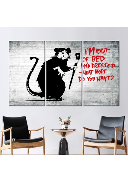 3 Parçalı Kanvas Tablo, Fare Grafiti Duvar Süsü, Sokak Posteri, Banksy Yatak Sıçan Hediye Kanvas,