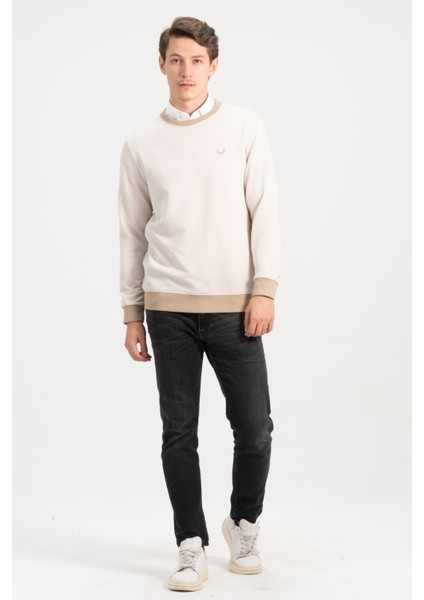 Erkek Bisiklet Yaka Bej Kazak Sweatshirt
