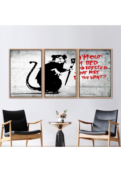 3 Parçalı Naturel Çerçeveli Kanvas Tablo, Yataktayım Kanvas Dekor, Banksy Yatak Sıçan Kanvas Baskı,