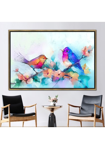 1 Parça Gold Çerçeveli Kanvas Tablo, Dalda Iki Kuş Kanvas Poster, Iki Kuş Kanvas Poster,