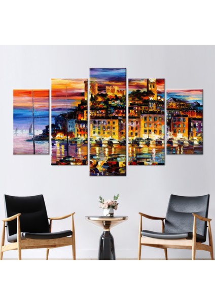 5 Parçalı Mix Kanvas Tablo, Şehir Duvar Süsü, Gün Batımı Kanvas Dekor,