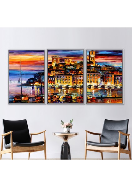 3 Parçalı Beyaz Çerçeveli Kanvas Tablo, Oil Posteri, Gün Batımı 3 Boyutlu Kanvas,