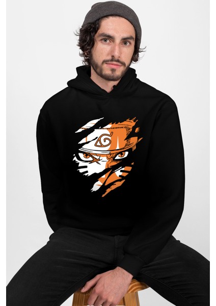 Sert Naruto Siyah Kapüşonlu Erkek Sweatshirt