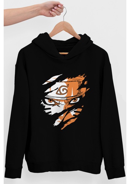 Sert Naruto Siyah Kapüşonlu Erkek Sweatshirt