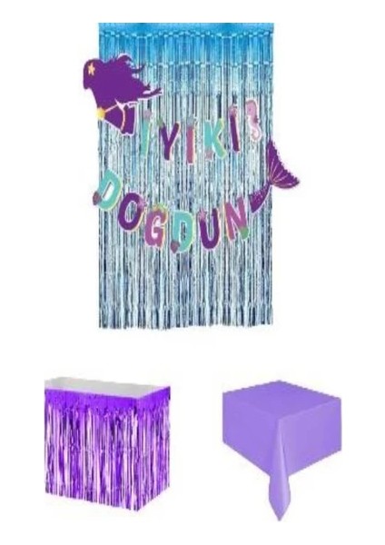 Denizkızı Konseptli Iyi Ki Doğdun Yazılı Arka Fonlu Deniz Kızı Temalı Mor Mavi Uyumlu Doğum Günü Set