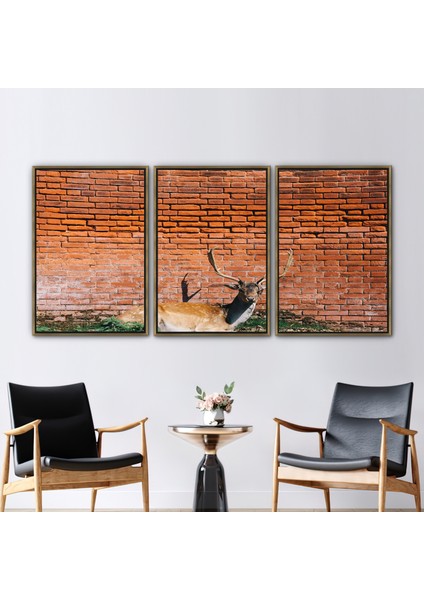 3 Parçalı Gold Çerçeveli Kanvas Tablo, Hayvan Hediye Kanvas, Geyik 3 Boyutlu Kanvas,