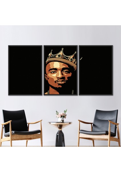 3 Parçalı Siyah Çerçeveli Kanvas Tablo, Tupac Shakur, Tupac Baskılı, Rapçi Kanvas,