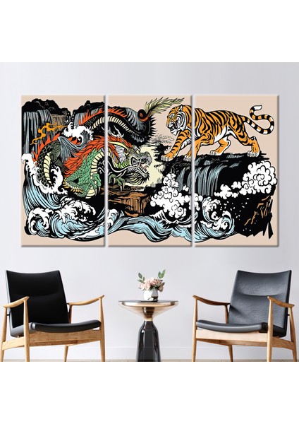 3 Parçalı Kanvas Tablo, Utagawa Kuniyoshi Kanvas Baskı, Dragon Vs Tiger Kanvas Baskı,
