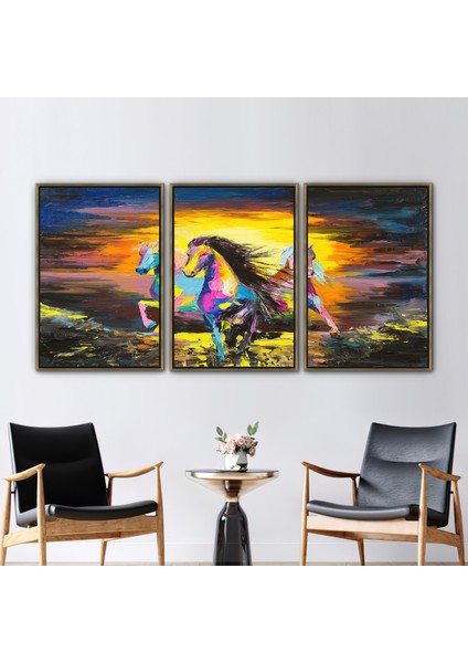 3 Parçalı Gold Çerçeveli Kanvas Tablo, At Boyası Koşmak, Yağlı Boya Baskısı, Soyut At Kanvas Sanatı,