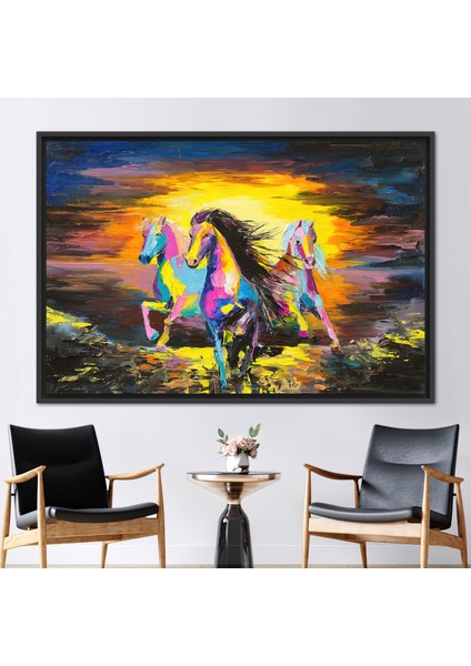 1 Parça Siyah Çerçeveli Kanvas Tablo, At Boyası Koşmak, Hayvan Posteri, At Sanat,