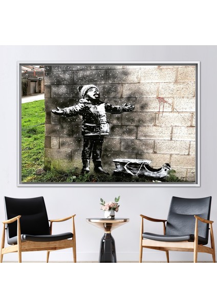 1 Parça Beyaz Çerçeveli Kanvas Tablo, Banksy Kar Yağışı, Graffiti Kanvas Dekor,