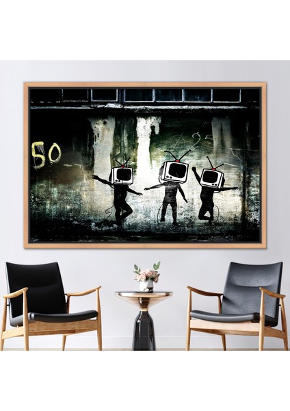1 Parça Naturel Çerçeveli Kanvas Tablo, Banksy Dancing Tv, Sokak Kanvas Poster,