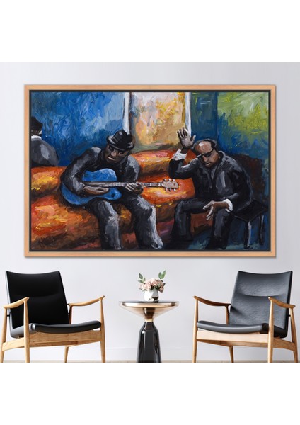 1 Parça Naturel Çerçeveli Kanvas Tablo, Afrikalı Gitarist ve Şarkıcı,