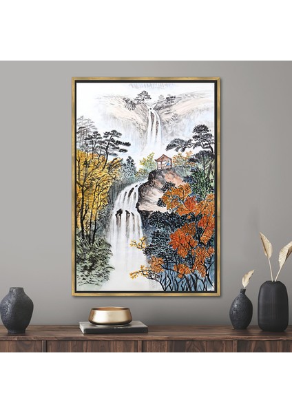 1 Parça Gold Çerçeveli Kanvas Tablo, Şelale Manzara Resmi, Şelale Manzarası Kanvas Baskı,