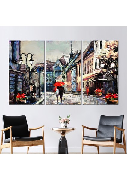3 Parçalı Kanvas Tablo, Kırmızı Şemsiyenin Altındaki Sevenler, Avrupa Şehir View Duvar Dekoru,