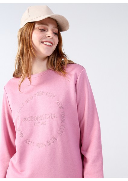 Bisiklet Yaka Nakışlı Pembe Kadın Sweatshirt K-Super