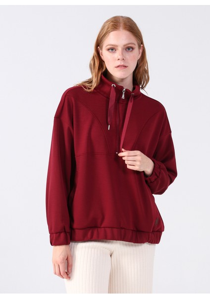 Fermuarlı Yaka Düz Bordo Kadın Sweatshirt Y-Chrıstına