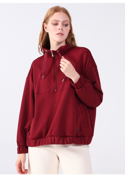 Fermuarlı Yaka Düz Bordo Kadın Sweatshirt Y-Chrıstına modelleri