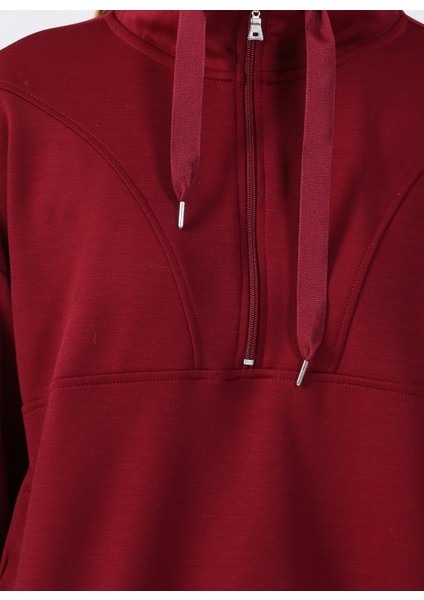 Fermuarlı Yaka Düz Bordo Kadın Sweatshirt Y-Chrıstına indirimleri