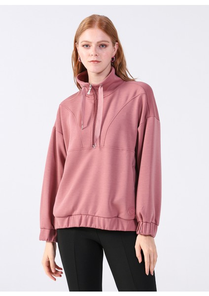 Fermuarlı Yaka Düz Pembe Kadın Sweatshirt Y-Chrıstına