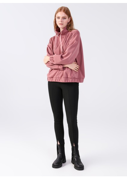 Fermuarlı Yaka Düz Pembe Kadın Sweatshirt Y-Chrıstına fiyatları