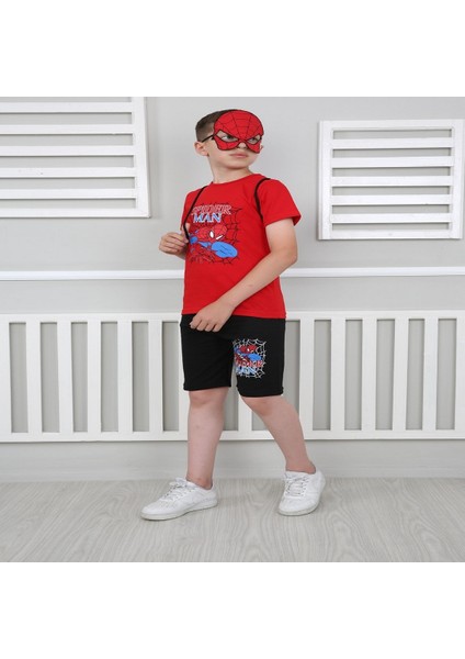 Erkek Çocuk Kırmızı Spiderman Çantalı Maskeli Dörtlü Takım